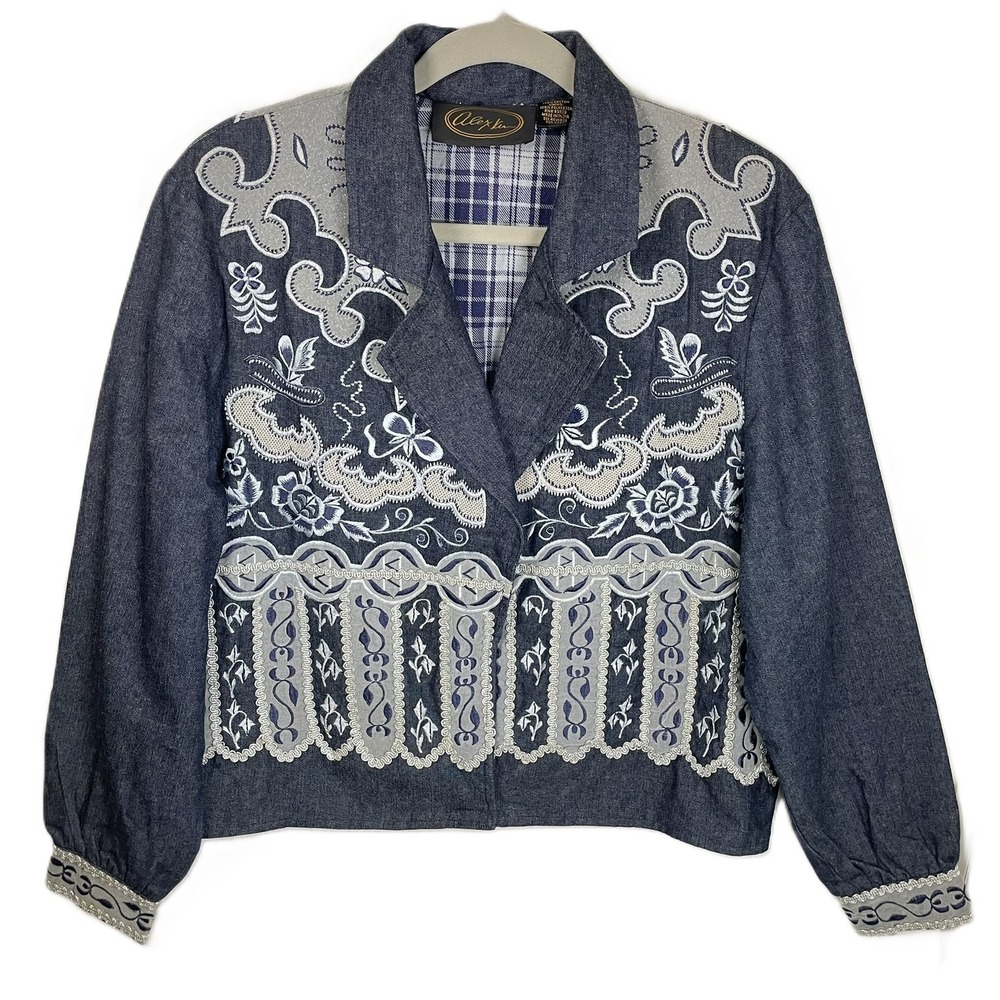 Alex Kim‎ Small Blue Denim Embroidered Jacket Cropped Boho Western Festival
